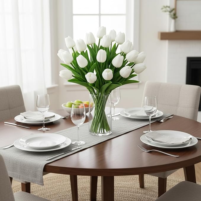 White Faux Tulips (20 Pcs) - Premium PU Artificial Flowers for Christmas & Thanksgiving Table Setting, Winter DIY Home Decor - 13.5" Real Touch