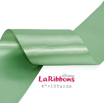 LaRibbons Sage Green Satin Ribbon 4 Inch 10 Yards Double Faced Luxury Light Green Silk Ribbon for Gift Wrapping Flower Bouquets Bow Christmas Wedding Party Decoration