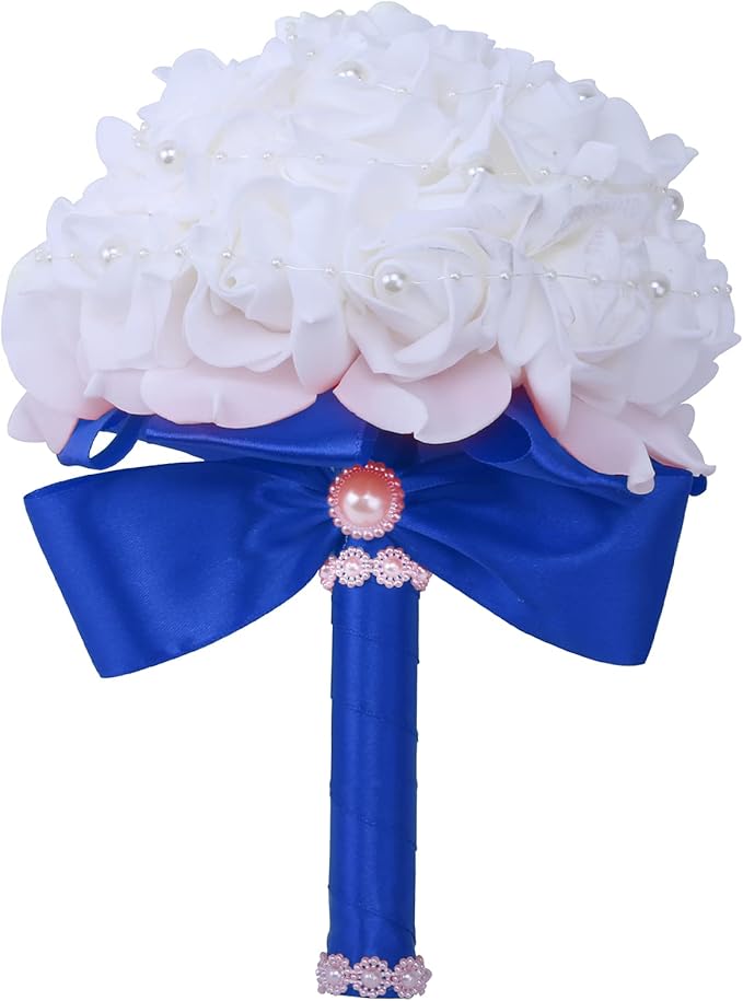 Wedding Bouquets for Brides or Bridesmaids Pearl Embellishment Roses Bridal Bridesmaid Wedding Hand Bouquet Artificial Fake Flowers.(Blue)