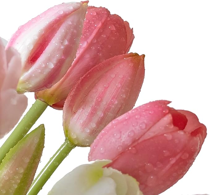 40pcs Artificial Tulips Flowers, Real Touch Latex Bouquet, Fake Tulips for Office Wedding Party Home Kitchen Garden Decoration(White Suit 40pcs)