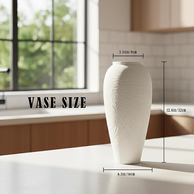 Vintage Ceramic Vase, Minimalist Texture Stone Patterned White Flower Vase, Decorative Vase for Living Room Shelf Farmhouse Dining Table Centerpiece Decor (White Texture 12.6'')