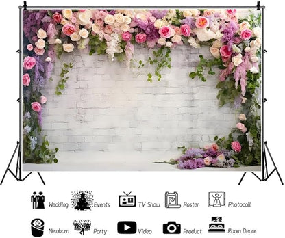 10x7ft Retro White Brick Wall Floral Backdrop Romantic Roses Vine Leaves Photography Background Girls Birthday Party Wedding Bridal Shower Flowers Brick Wall Decoration Supplies Photo Booth Props