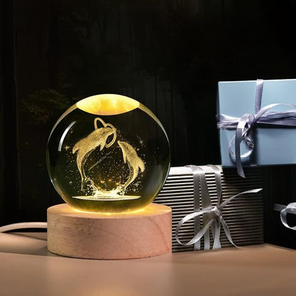 3D Laser Engraved Dolphin Crystal Ball, Romantic Dolphin & Heart LED Night Light, 60mm Sea Animal Figurines Decor Glass Sphere Lamp Gifts for Women Kids Mom