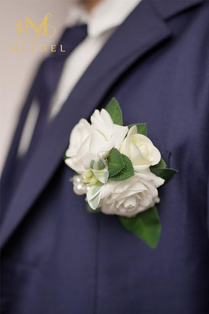 Meldel White Ivory Rose Floral Shoulder Corsages & Boutonniere for Men Wedding, Set of 6, Bride Bridal Bridesmaid Groom Groomsmen Boutineers for Ceremony Anniversary Party Prom Boutonniere