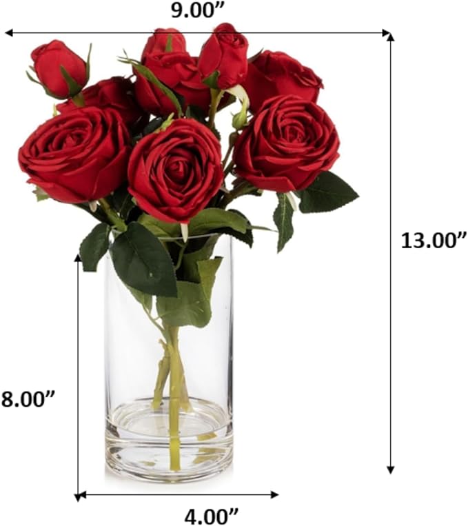 ENOVA FLORAL 9 Heads Silk Rose Artificial Flowers in Vase,Faux Rose Flowers Arrangement in Vase with Faux Water for Table Decor Centerpieces (Red)