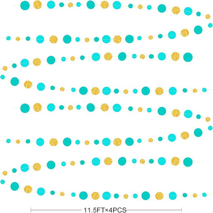 Teal Gold Party Polka Dot Garland Banner Aqua Turquoise Glitter Gold Hanging Paper Circle Dots Streamer for Birthday Baby Shower Wedding Engagement Bridal Shower Retirement Party Decorations Supplies