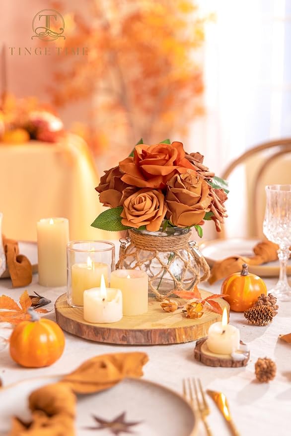 TINGE TIME Artificial Flowers 24pcs Real Looking Silk Flowers Fake Rose with Stems for DIY Wedding Bouquets Burnt Orange Bridal Shower Centerpieces Party Decorations (Maple Red A)