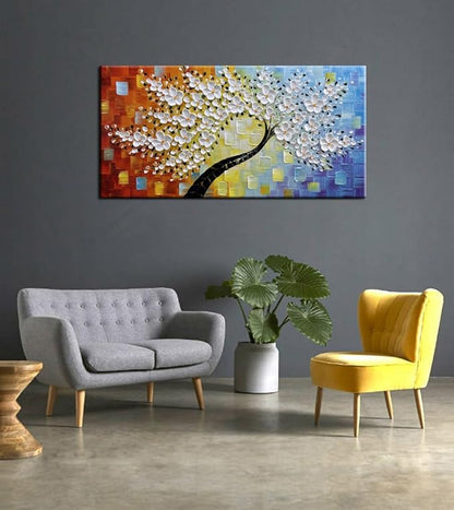 YaSheng Art -Handmade Colorful 3D Flowers Art Oil Painting On Canvas Texture Palette Knife Tree Paintings Modern Abstract Canvas Wall Art Home Interior living room Bedroom Decor Art 24x48inch