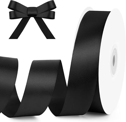 KMER LIFE 1 Inch Wide x 50 Yards Black Single Faced Polyester Satin Ribbon for Wedding Decor, Wreath, Crafts, Gift Wrapping & Other Projects