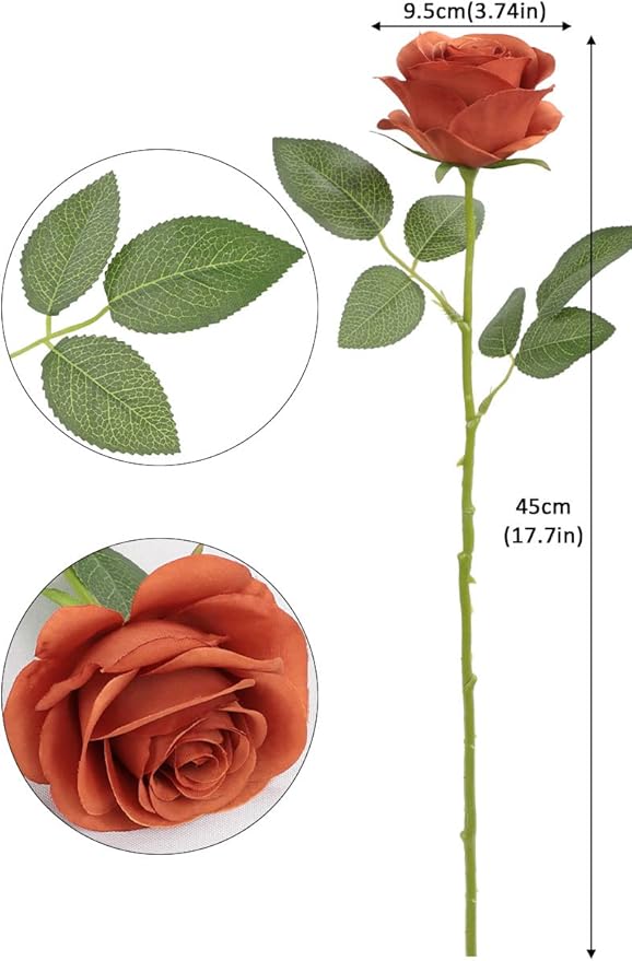 30pcs Roses Artificial Flowers Burnt Orange Fake Roses Flowers with Long Stems Silk Flowers for Wedding Bouquet Centerpices Decorations Party Bridal Baby Shower Home Decor