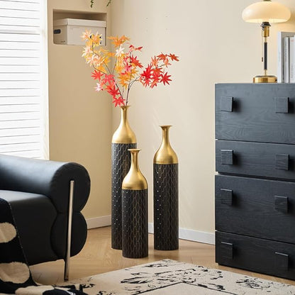 Floor Oversized Gold Metal Decorative Vase with 3D Triangle Pattern Set of 3 Large Vases for Home Living Room 33.5 ", 29.5 ", 25.2" High (Matte Black)