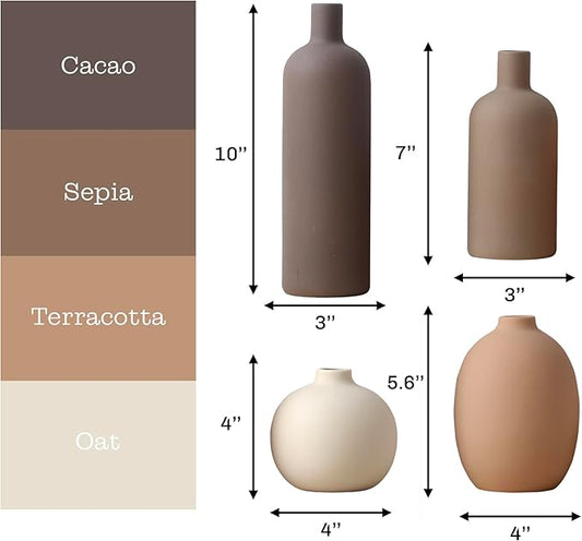 Ceramic Neutral Vase Set for Farmhouse Home Decor, Rustic Decorative Vases for Boho Living Room Centerpieces, Entryway Decorations, Coffee Table, Bookshelf, Fireplace Mantel, Set of 4