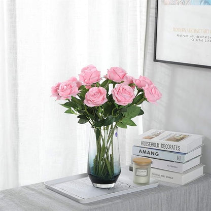 Pink Fake Roses Artificial Flowers - 10 Pcs Fake Artificial Roses Silk Flowers with Stems for Home Wedding Hotel Office Centerpiece Decor