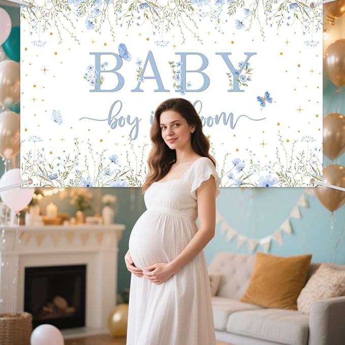 Baby Boy in Bloom Backdrop for Boys Wildflower Baby in Bloom Baby Shower Decorations Banner Blue Floral Photography Background Cake Table Decor Supplies Photo Booth Prop 70.8 x 43.3 inch