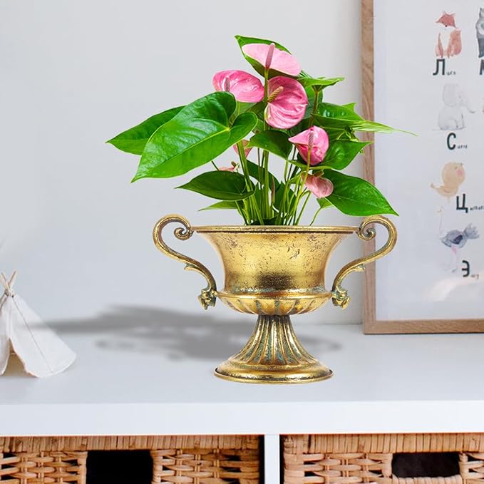Amosfun 2pcs Vintage Urn Vase Brass Flower Pots Roman Style Trumpet Vases for Centerpieces Garden Patio Front Porch Decoration 9.2 x 6.3 Inch