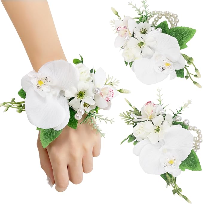 TINGE TIME Set of 2 Wrist Corsage Bracelets Pearl Wristlet Band Bridesmaid Bracelet for Wedding Ceremony Bridal Shower Wedding Artificial Flower Prom (IvoryWhite)