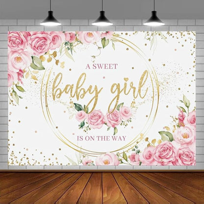 Pink Floral Girl Baby Shower Backdrop 10x8ft A Sweet Baby Girl is on The Way Backdrop for Gender Reveal Party Decoration It's a Girl Banner Photo Booth Props