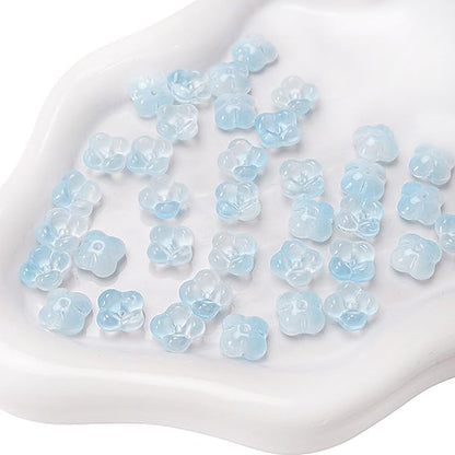 100PCS Glass Flower Beads for Jewelry Making 4 Petal Flower Bead Caps Gradient Cute Floral Beads Aesthetic Charms for Necklace Bracelets Earrings DIY Craft Home Decoration-Blue