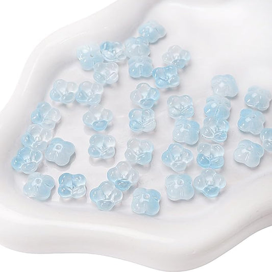 100PCS Glass Flower Beads for Jewelry Making 4 Petal Flower Bead Caps Gradient Cute Floral Beads Aesthetic Charms for Necklace Bracelets Earrings DIY Craft Home Decoration-Blue