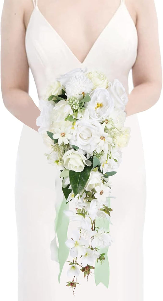 White Wedding Bouquets for Bride,10 Inch Fake Cascading Bridal Bouquet Silk Faux Flowers for Ceremony Anniversary Wedding Bridal Shower(White & Ivory)