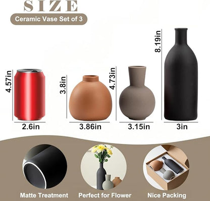 Modern Ceramic Vase Set of 3, Decorative Flower Vases for Home, Multicolor Pottery Vases for Living Room, Kitchen, Bedroom, Shelf, Rustic Farmhouse (Black Mix)