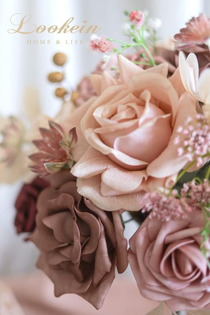Lookein Artificial Flowers for DIY Wedding Decoration Bridal Bouquet Table Centerpieces Flower Wreaths Aisle Flowers Home Decor, Belle Dusty Rose