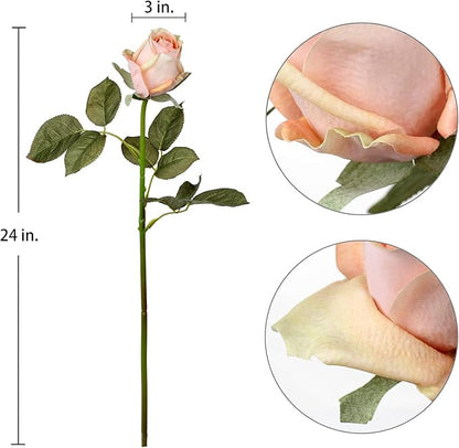 DILATATA Artificial Realistic Roses Peach Flowers 24" Real Touch Silk Roses Bouquet Long Stems Rose Fake Roses Decor for Home Party Wedding Table Centerpieces Roses Realistic - 5 Pcs