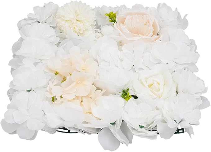 12Pcs Artificial Flower Wall Panel 3D Floral Backdrop Walls15 X 15" Flower Wall Decor Panel Flower Backdrop for Party Home Background Decor, White & Champagne