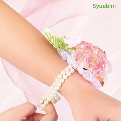 Carnation Wrist Corsage, Pack of 2 PCS Wedding Bridal Wrist Flower Corsage Hand Flower Artificial Silk Rose Decor for Prom Party Wedding (Pink & White, 2pcs)