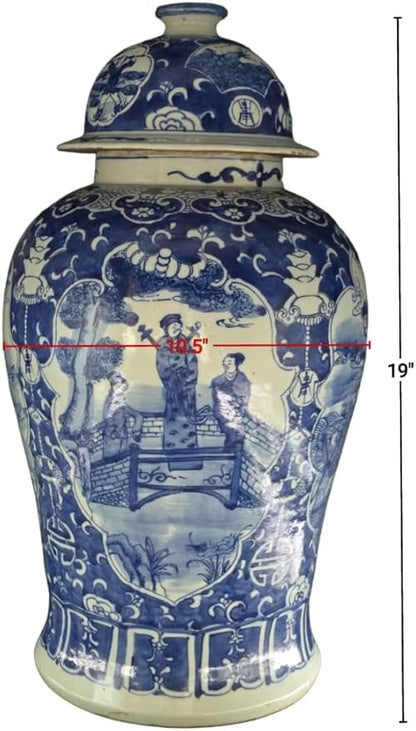 19" Antique Like Finish Blue and White Ginger Jars Porcelain Temple Ceramic Ginger Jar Vase, Antient Warriors China Ming Style, Jingdezhen(L4)