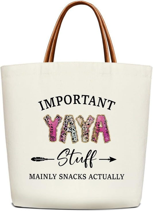 Canvas Tote Bag for Women, Important Stuff Bag with Leather Handle, Reusable Grocery Bags for Shopping Beach Travel