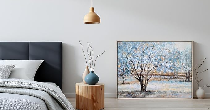 Yihui Arts Tree Canvas Wall Art - Hand Painted Textured Blue and Gold Foil Abstract Forest Landscape Modern Artwork for Living Room, Bedroom, and More