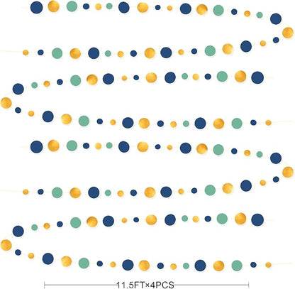 Blue Gold Green Decorations Circle Dots Garland Metallic Gold Navy Blue with Sage Green Hanging Polka Dot Streamer for Birthday Baby Shower Bridal Shower Wedding Bachelorette Engagement Party Supplies