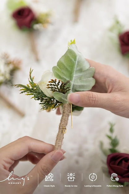 Ling's moment Boutonniere for Men, 6pcs Groom Groomsmen Boutonniere, Artificial Flowers for Wedding Decor/Prom/Homecoming, etc.Burgundy White