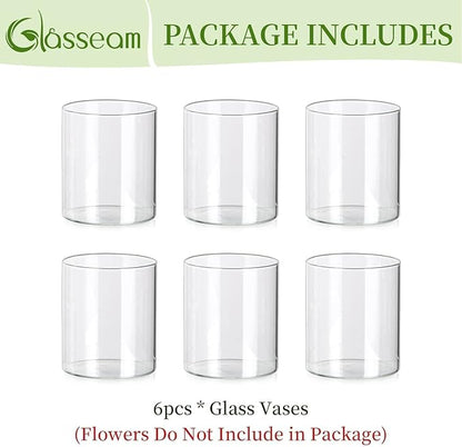 Glasseam Cylinder Vases for Centerpieces, Set of 6 Clear Glass Vases for Flowers, Modern Small Floating Candle Vase Decor, Decorative Hurricane Candle Holders for Home Wedding Table Decorations, 4in