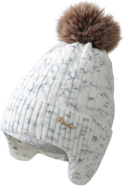 FENELY Women's Knitted Warm Beanie Winter Hat, Warm Chunky Snow Hat with Pompom