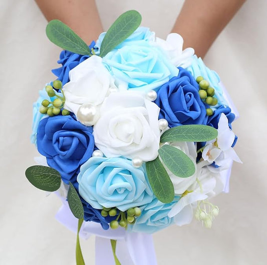 Lightweight Bridal Wedding Bouquet Round Holding Bouquet Throw Toss Artificial Rose Flower Bunch for Bride Bridesmaid Wedding Quinceanera (White, Royal Blue & Light Blue, 7.9")
