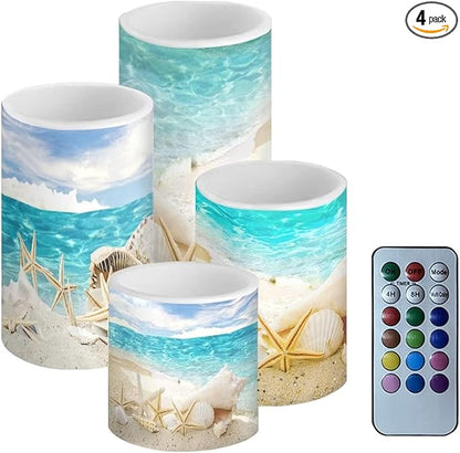 Flameless Candles Battery Powered with Multicolor Timer Remote Control Everlasting Fake Candles for Party Garden Indoor Outdoor Coastal Decor, Beach Coastal Multi