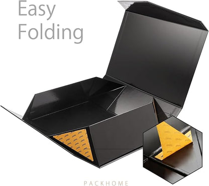 PACKHOME Large Gift Box with Lid 13.5x9x4.1 Inches, Sturdy Collapsible Gift Box with Magnetic Closure (Glossy Black, Grass Texture)