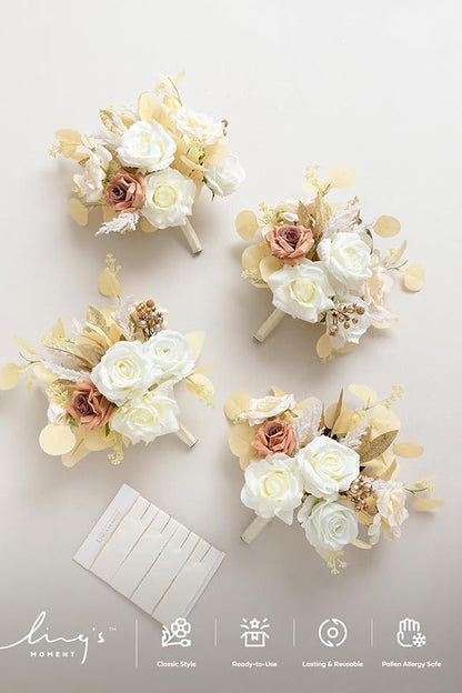 Ling's moment Artificial Flowers Boho Bridesmaid Bouquet Set of 4, White Beige Wedding Flowers Bouquets for Bridesmaids, 7 Inch Bridal Bouquets for Bridesmaids, Wedding, Ceremony, Anniversary, etc