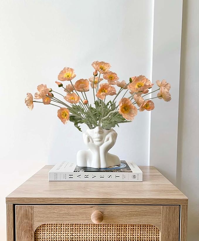 Set of 6 Poppies Flowers Artificial Silk Flowers with Long Stems Faux Wildflowers Bouquet for Vases Oil Pastel Style for Wedding Party Indoor Home Office Decor (Coral Pink)