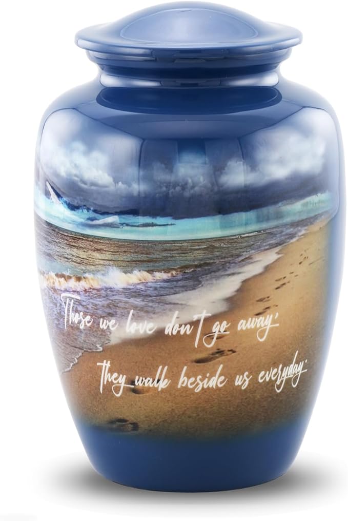 Footprints Cremation Urn - Ocean Blue Memorial Urn with Beach & Waves – Full-Size Handcrafted Metal Funeral Urns for Men & Women’s Ashes (Up to 210 lbs) – A Beautiful Tribute for Ocean Lovers