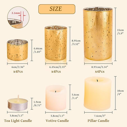 CHILL RECIPE Gold Cylinder Vases Glass Candle Holders Bulk, Mercury Hurricane Candle Holder Small Flower Vases for Centerpieces Tea Light Pillar Votive Candles Wedding Decor Party (4 Set 12Pcs)