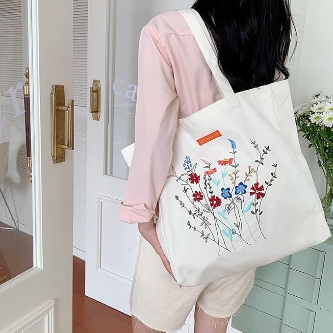 Cotton Canvas Tote Bag Reusable Soft Grocery Cloth Bag Floral Shoulder Bag for Beach Travel Shopping