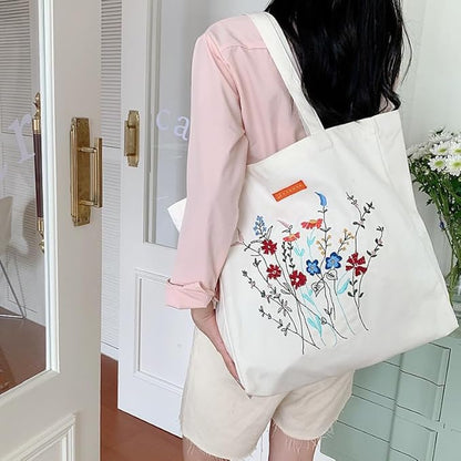 Cotton Canvas Tote Bag Reusable Soft Grocery Cloth Bag Floral Shoulder Bag for Beach Travel Shopping