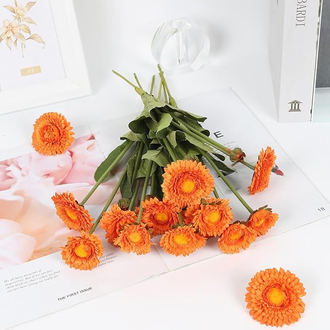 Orange Artificial Daisy Flowers 8pcs Fake Calendula Flowers Silk Chrysanthemums with Stems for Wedding Home Kitchen Party Kitchen Indoor Decoration(Orange)