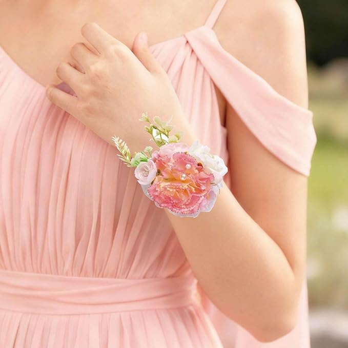 Carnation Wrist Corsage, Pack of 2 PCS Wedding Bridal Wrist Flower Corsage Hand Flower Artificial Silk Rose Decor for Prom Party Wedding (Pink & White, 2pcs)