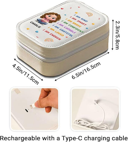 Wrappiness Girls & Women Lovely Makeup Box With LED Mirror - Personalized Jewelry Box Organizer Portable Ideal for Travel, Gift for Daughters Sisters Friends (Kind Smart Loved, Toddler Girls)
