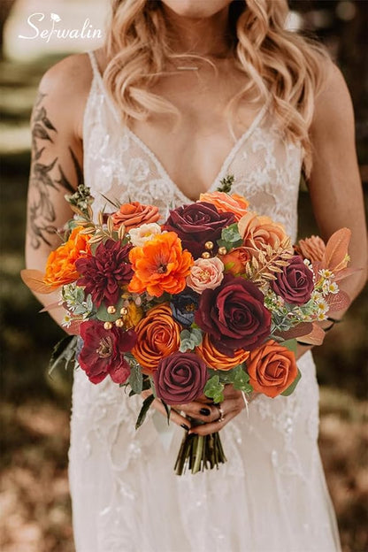 Serwalin Artificial Fall Flowers Orange Burgundy Silk Flowers Wedding Flowers Combo for Cake Home Party Decoration, Fake Flowers for Bridal Bouquets Floral Arrangements