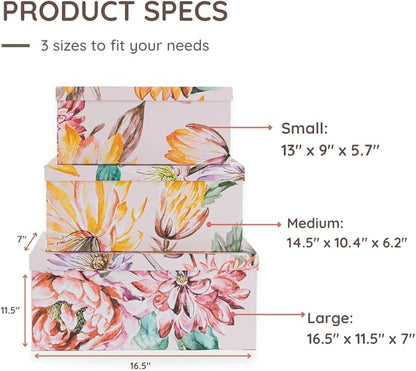 Soul & Lane Decorative Cardboard Storage Boxes with Lids for Home Decor and Organization, Set of 3 Large Keepsake Boxes for Memories & Gifts, Nesting Floral Photo Storage Containers, Beauty in Bloom